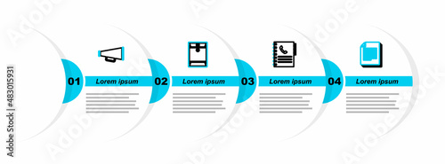 Set line Document, Phone book, Envelope and Megaphone icon. Vector