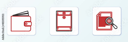 Set line Document with search, Wallet and Envelope icon. Vector