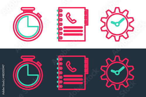 Set line Time Management, Stopwatch and Phone book icon. Vector