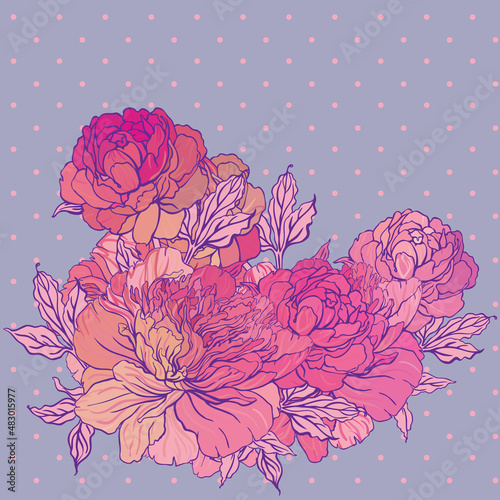 Beautiful peony bouquet design on beige background. Hand drawn vector illustr...