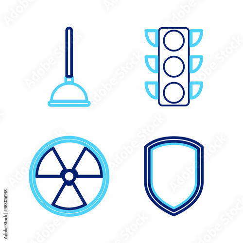 Set line Shield, Radioactive, Traffic light and Rubber plunger icon. Vector