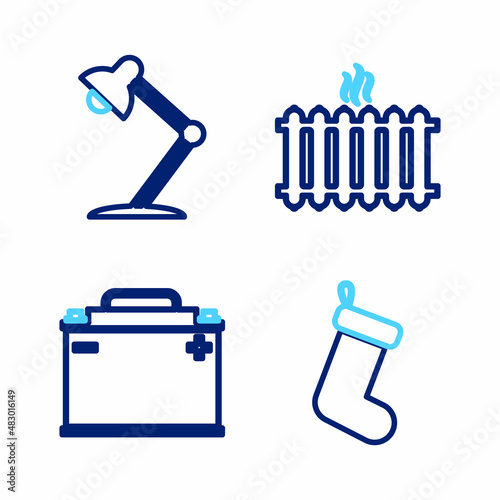 Set line Christmas sock, Car battery, Heating radiator and Table lamp icon. Vector