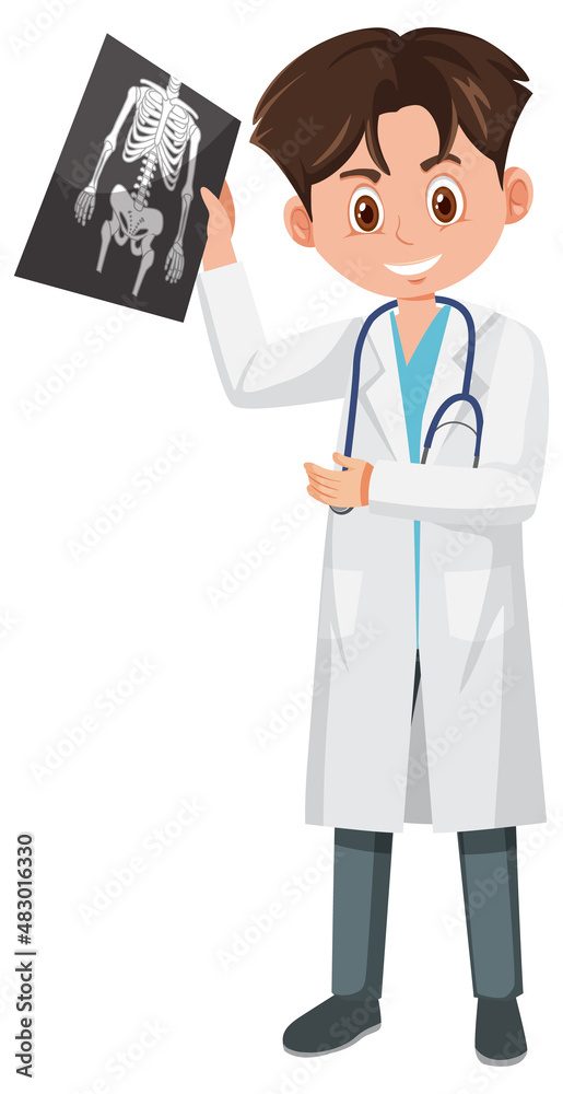 A male doctor holding x-ray film cartoon character on white background