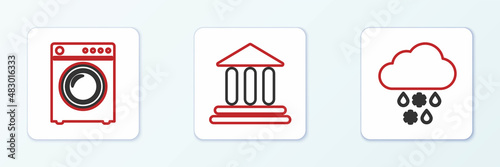 Set line Cloud with snow and rain, Washer and Bank building icon. Vector