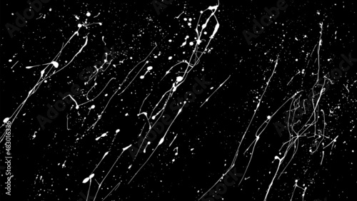 White Paint Splatter Isolated On Black Background. Distressed Overlay Texture. Water Splash Silhouette. Grunge Design Elements. Vector Illustration, EPS 10.