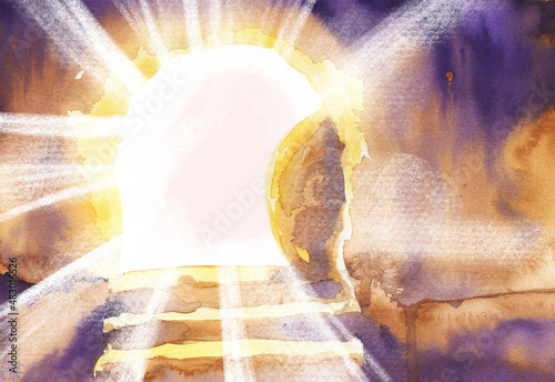 Watercolor easter illustration. Empty tomb for Jesus Christ is risen.