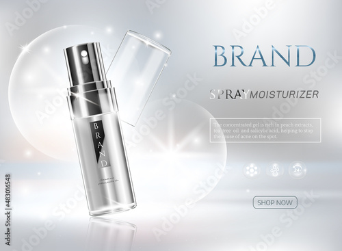 Skin care facial spray for annual sale or festival sale. white and silver skin care bottle isolated on glitter particles background. Graceful cosmetic ads, illustration.