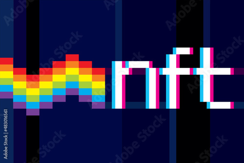 NFT non-fungible token. Crypto art. Colorful 8-bit pixel art. Flat digital vector illustration