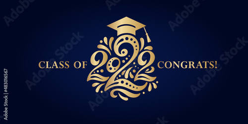 Congratulations on graduation from school, college, institute in 2022. Congratulations for graduates for a holiday, a party, a ball. Gold numbers 2022, a graduate's hat and on a blue background.