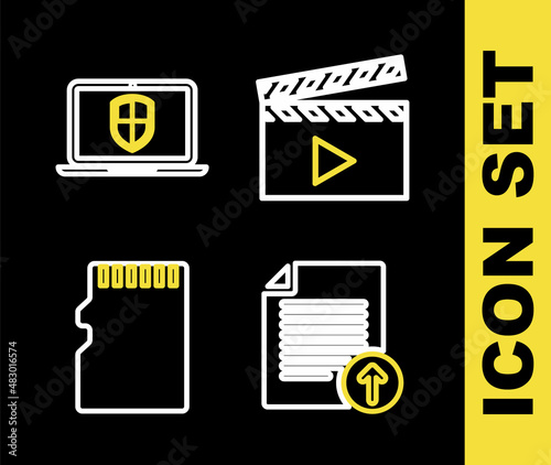 Set line Film reel, Document protection, Micro SD memory card and Server with shield icon. Vector