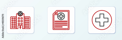 Set line Medical cross in circle, hospital building and Clinical record icon. Vector