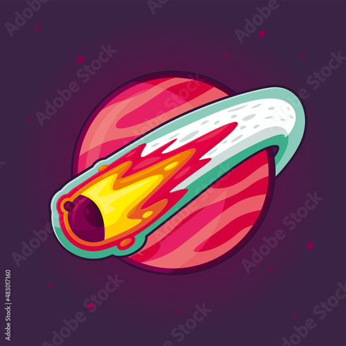 Vector flat illustration of a comet with a tail around the planet. A meteorite flies past the planet against the background of space and stars. Bright vector illustration, sticker or logo design.