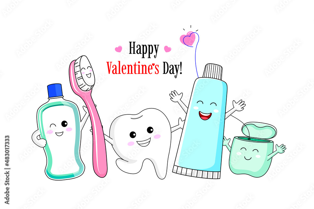 Cute cartoon tooth character with mouthwash, toothbrush, toothpaste and ...