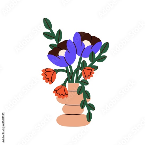 Blossomed flowers bouquet in modern vase. Fresh cut floral bunch, spring romantic gift. Showy posy of blooming plants and leaves. Colored flat vector illustration isolated on white background