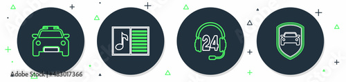 Set line Music book with note, Headphone for support, Police car and flasher and Car protection insurance icon. Vector