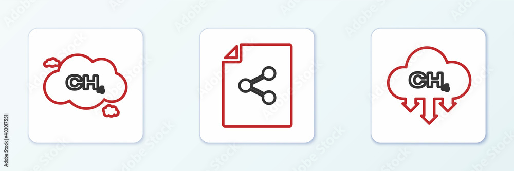 Set line Methane emissions reduction, and Share file icon. Vector Set line Methane emissions reduction, and Share file icon. Vector