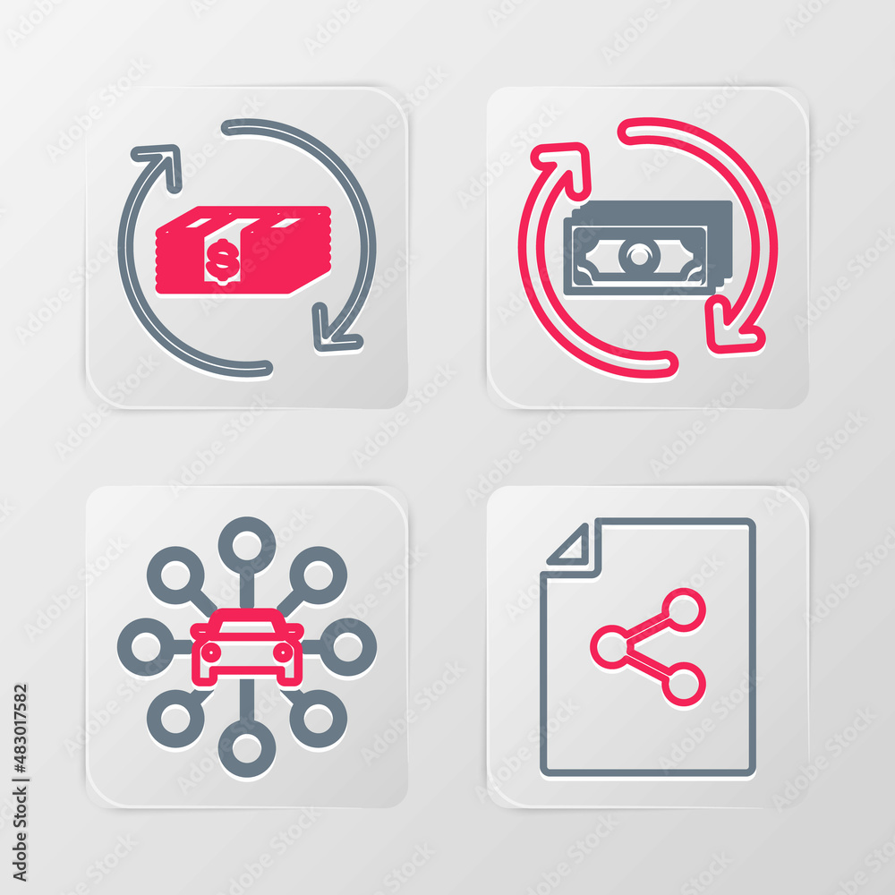 Set line Share file, Car sharing, Refund money and icon. Vector Set line Share file, Car sharing, Refund money and icon. Vector
