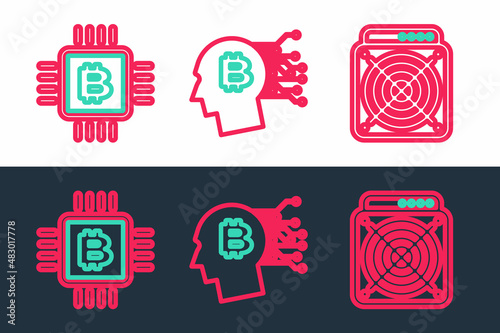 Set line ASIC Miner, CPU mining farm and Bitcoin plant the pot icon. Vector