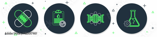 Set line Clipboard with blood test, Genetic engineering, Crossed bandage plaster and Bioengineering icon. Vector