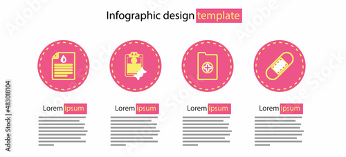Set line Clinical record, Bandage plaster, Clipboard with DNA analysis and blood test icon. Vector