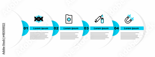 Set line Magnet with lightning, Medical syringe and vial, Clinical record and Genetic engineering icon. Vector
