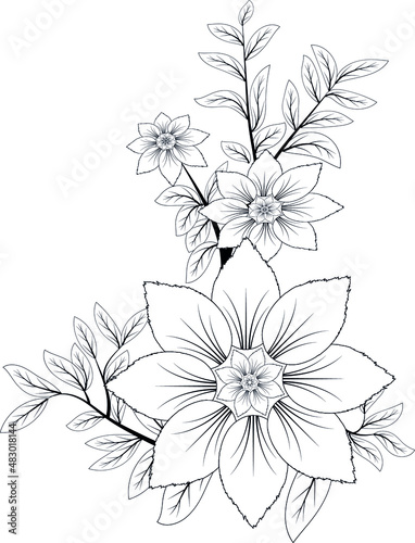 Vector illustration  isolated tagetes flower with leaves in black and white colors  outline hand painted drawing