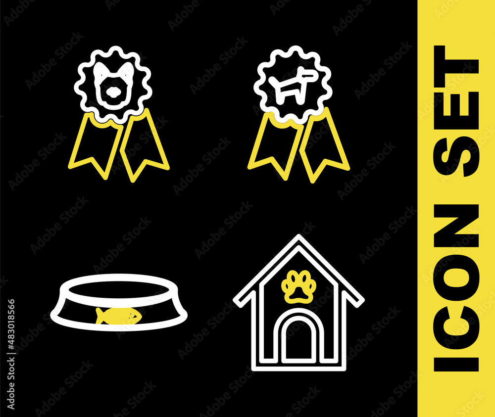 Set line Dog award symbol, house and paw print pet, Pet food bowl and icon. Vector Set line Dog award symbol, house and paw print pet, Pet food bowl and icon. Vector
