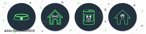 Set line Dog house and bone, Canned food for dog, Pet bowl and paw print pet icon. Vector