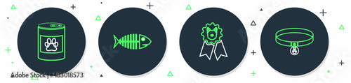 Set line Fish skeleton, Dog award symbol, Canned food and Collar with name tag icon. Vector
