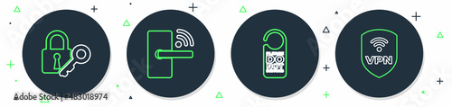 Set line Digital door lock with wireless, Please not disturb, Lock and key and Shield VPN icon. Vector