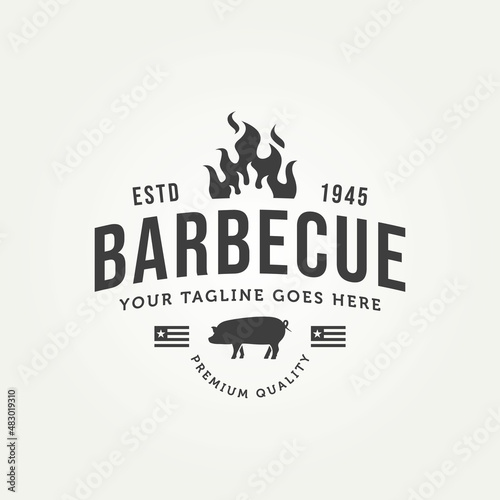 vintage classic pork barbecue badge logo. typography silhouette pig barbecue with flame and american flag emblem logo template vector illustration design