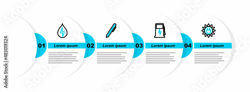 Set line Solar energy panel, Electric car charging station, Pen and Water icon. Vector