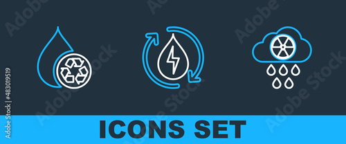 Set line Acid rain and radioactive cloud, Recycle clean aqua and icon. Vector