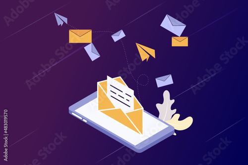 Vector illustration on E-mail marketing campaign, marketing research, letters, envelopes, business correspondence, e-mails, instant messengers, online communication, drip marketing for web template.