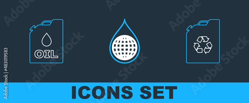 Set line Eco fuel canister, Canister machine oil and Earth planet water drop icon. Vector