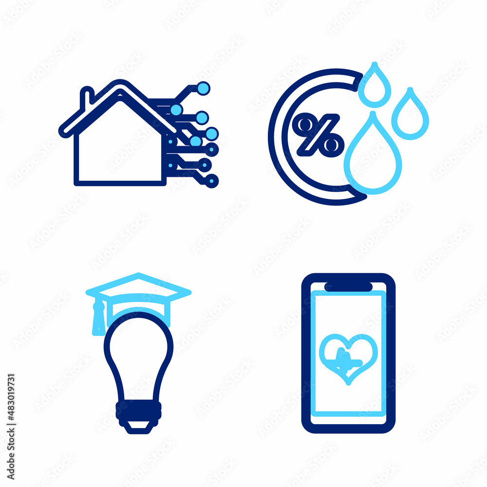Set line Mobile with wi-fi wireless, Light bulb and graduation cap, Humidity and Smart home icon. Vector Set line Mobile with wi-fi wireless, Light bulb and graduation cap, Humidity and Smart home icon. Vector