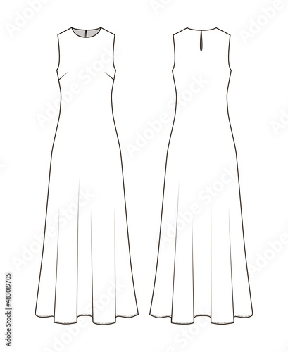 Fashion technical drawing of  long sleeveless dress. 