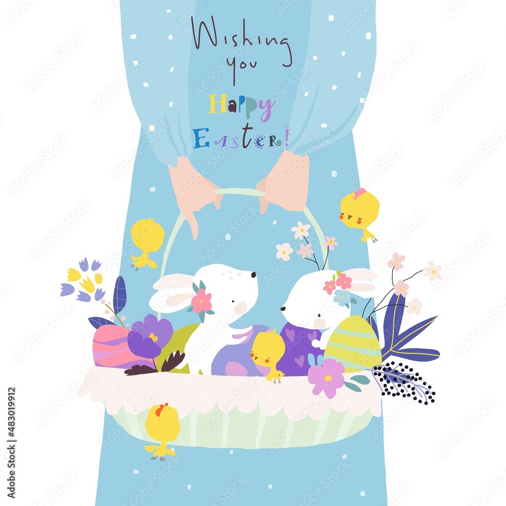 Girl holding Basket with Easter Eggs and Funny Rabbits Girl holding Basket with Easter Eggs and Funny Rabbits