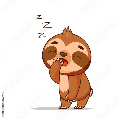 Sleepy sloth yawns Zzz and covers his mouth. Vector illustration for designs, prints and patterns. Vector illustration