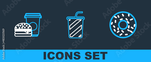 Set line Donut, Coffee and burger and Glass with water icon. Vector