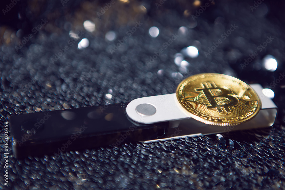 cold cryptocurrency wallet and a gold bitcoin coin on silver shiny background