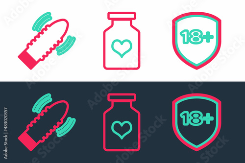 Set line Shield with 18 plus, Dildo vibrator for sex games and Bottle pills potency icon. Vector
