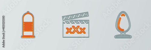 Set line Anal plug, Condom safe sex and Movie clapper with Sex icon. Vector
