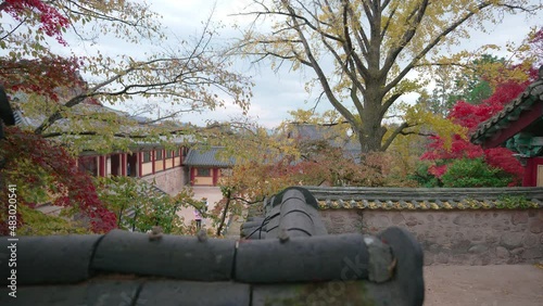 Gyeongju, South Korea - Nov 2021: Tourist visit to Bulguksa temple in Gueongju, South Korea. Bulguksa temple is a UNESCO World Heritage site. photo