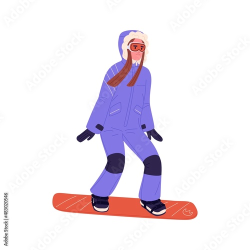 Woman snowboarder sliding down. Snow board rider standing on snowboard. Happy person in winter outfit riding. Extreme sports activity. Flat vector illustration isolated on white background