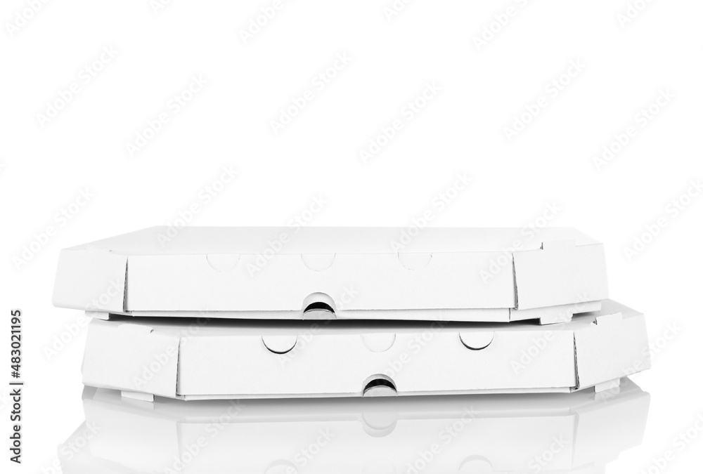 Two pizza cardboard boxes isolated on white background Two pizza cardboard boxes isolated on white background