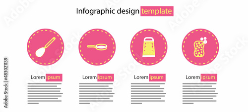 Set line Grater, Sponge with bubbles, Frying pan and Kitchen whisk icon. Vector