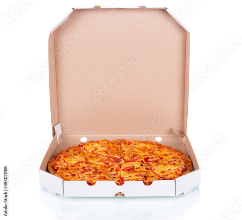 Hot tasty pepperoni pizza in box isolated on white
