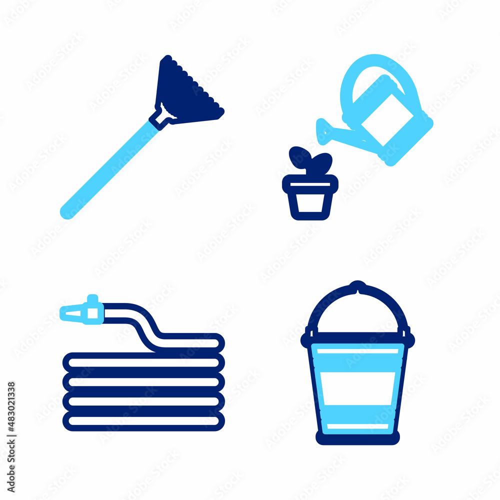 Fototapeta premium Set line Planting tree in the ground, Garden hose or fire hose, Watering can and rake for leaves icon. Vector