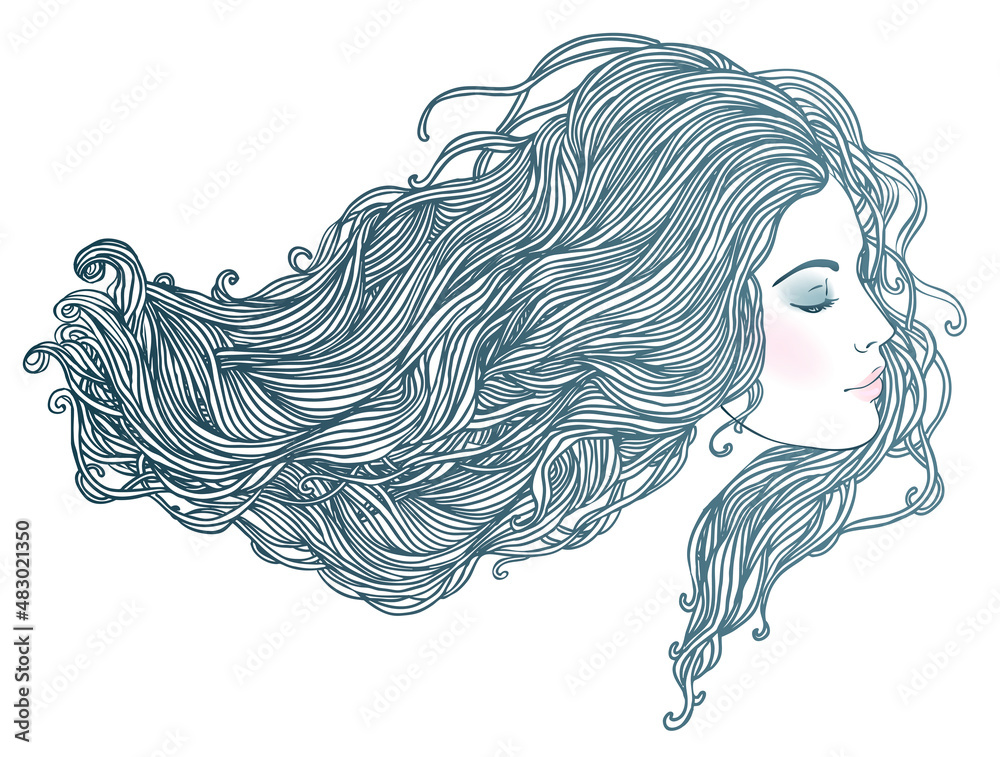 Beauty Salon: Portrait of pretty young woman in profile view with long beautiful red hair. Vector illustration